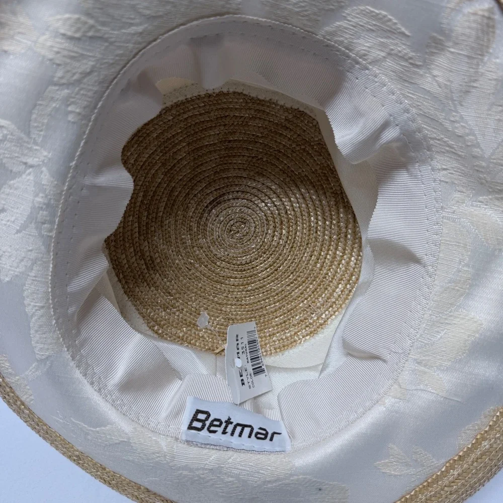 Betmar New York Womens Straw Sun Hat Cream Floral Jacquard Wide Brim New